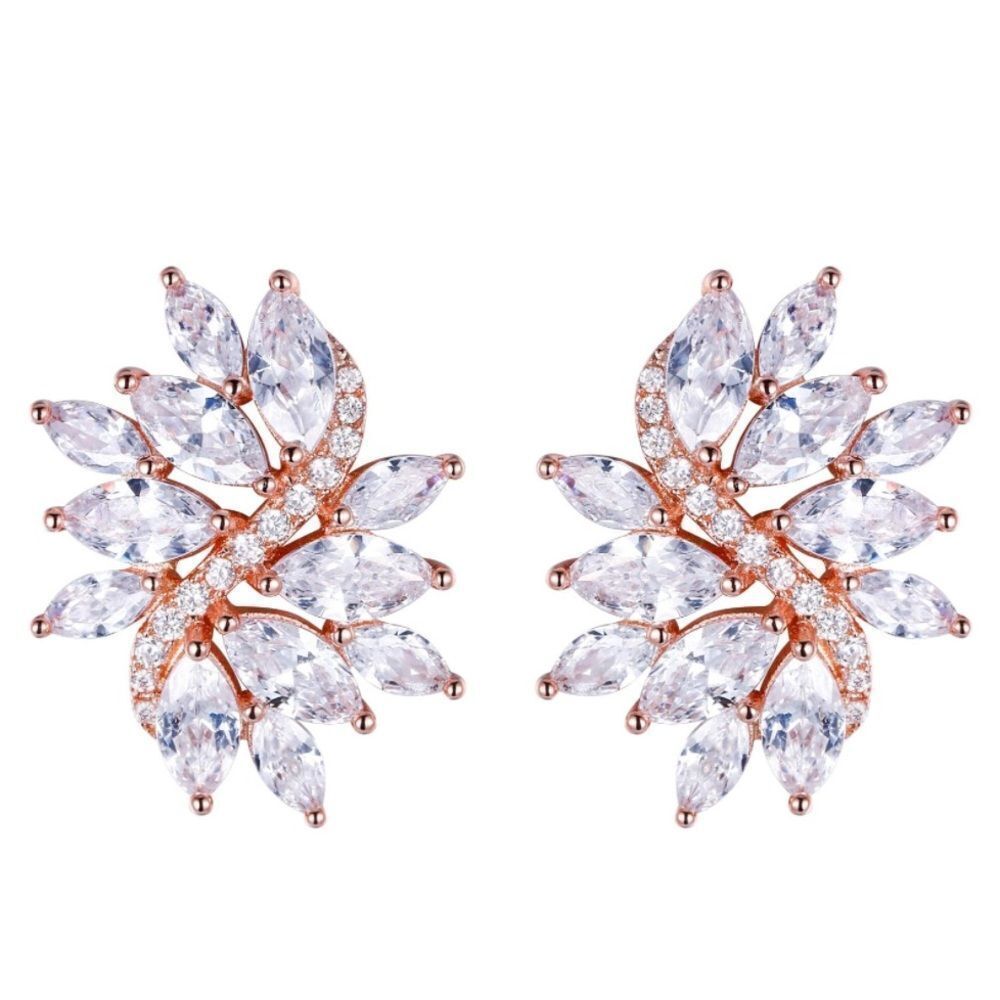 Rose Gold with White Diamond Cubic Zirconia Floral Leaf Post Back Stud Earrings
